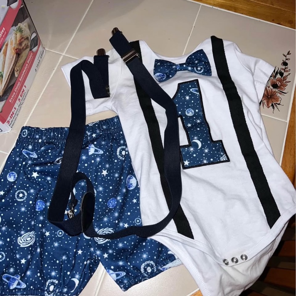 Space Themed Baby Outfit with Suspenders